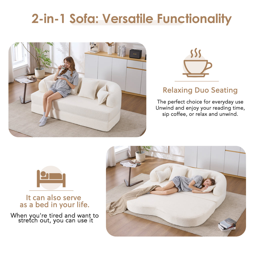 2-in-1 Foldable Sofa Bed,70 Inch Folding Boneless Couch Convertible Compressed Sleeper Sofabed, 4 Pillows for Living Room Apartment, Milk White - Grand Goldman Shop