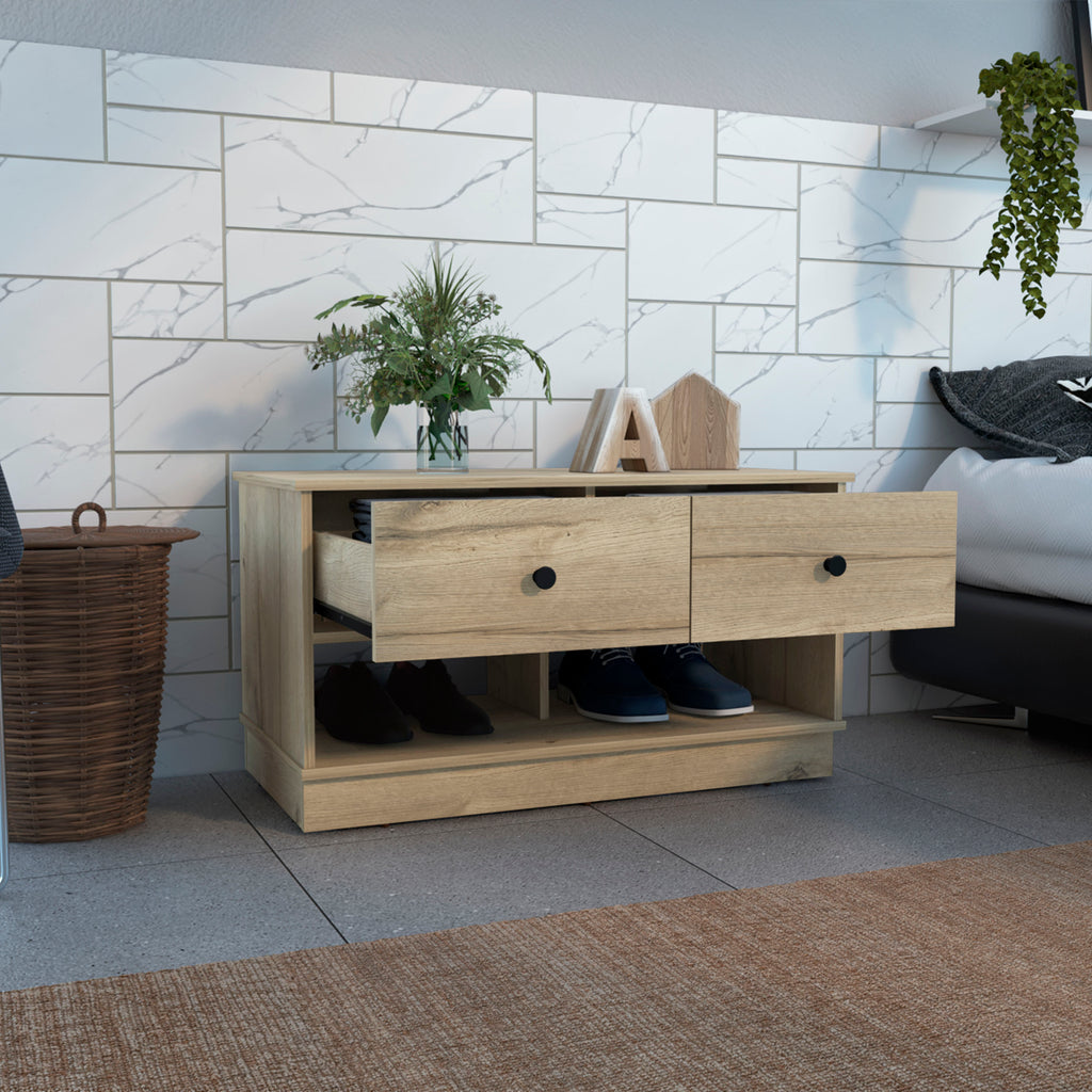 Hamilton Storage Bench, Two Open Shelves, Two Drawers -Light Oak - Grand Goldman Shop