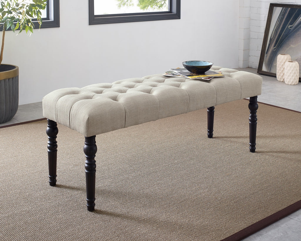 Leviton Fabric Tufted Turned Leg  Dining Bench, Tan - Grand Goldman Shop