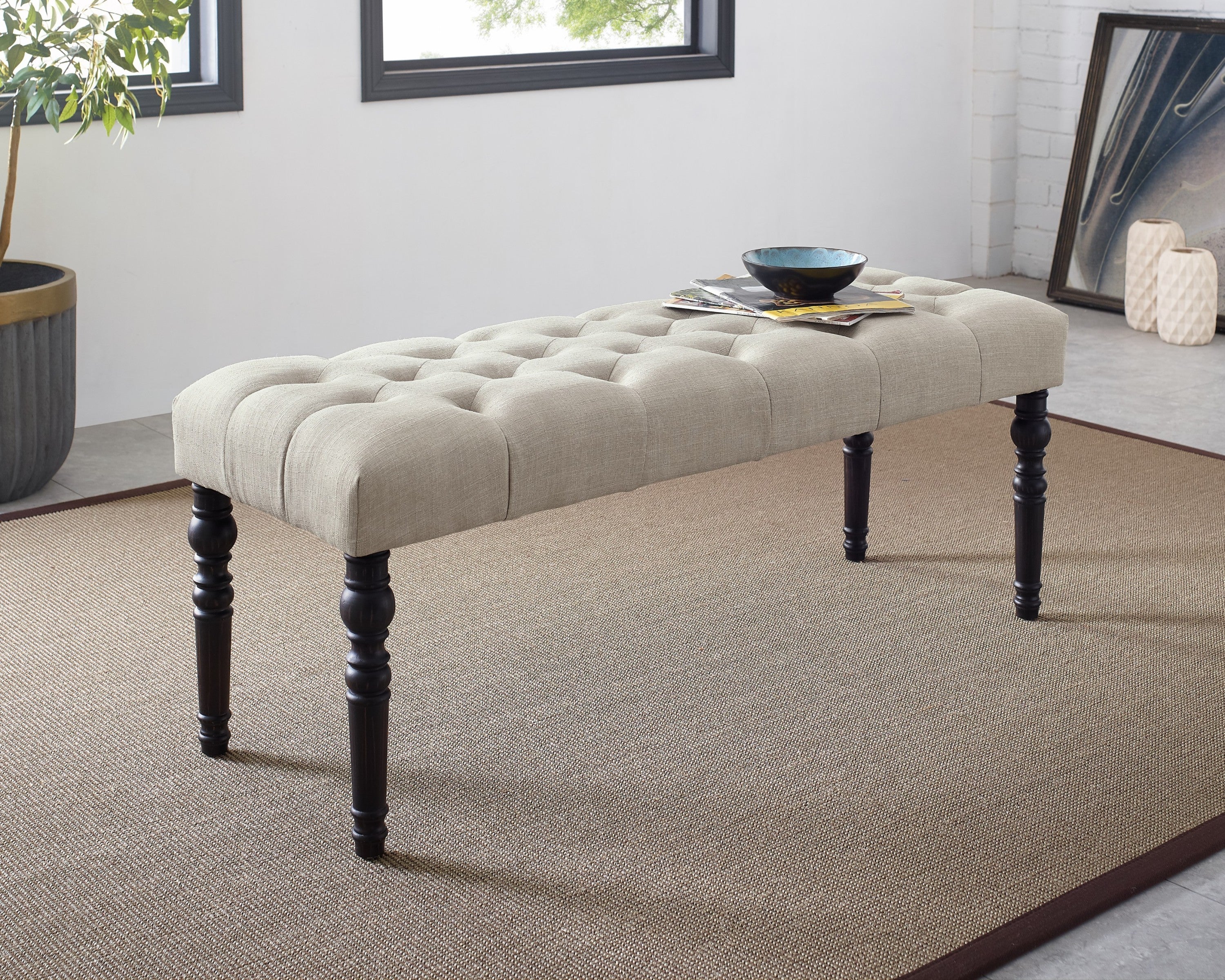 Leviton Fabric Tufted Turned Leg  Dining Bench, Tan - Grand Goldman Shop