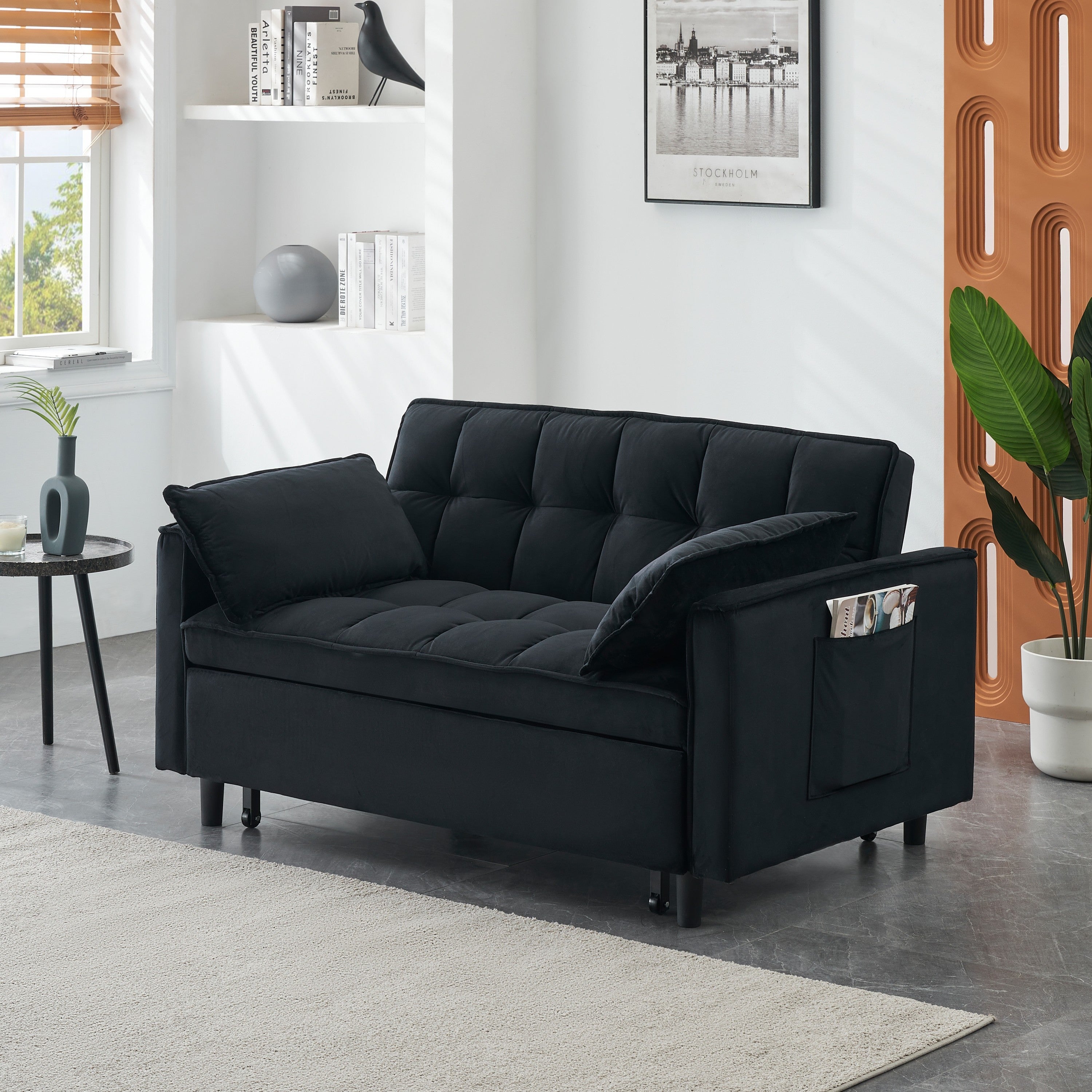 Modern Velvet Sofa Bed, 3-in-1 Convertible Love Seat with Backrest, Pillow, Pockets, Black Velvet, Metal Legs, 55x33x32.28 inches - Grand Goldman Shop