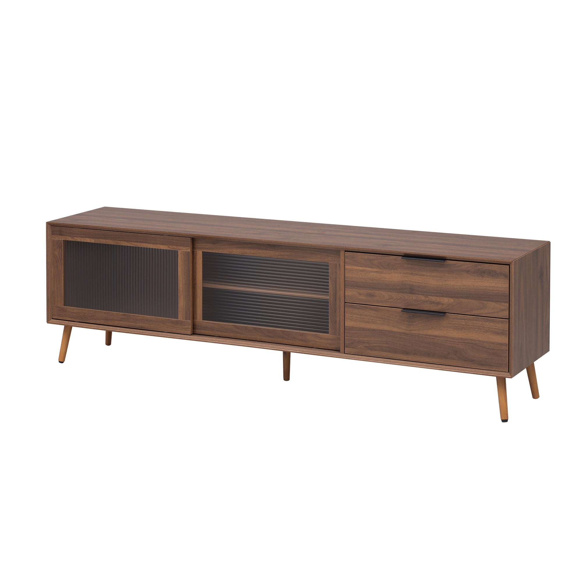 Modern Walnut TV Stand for 75+ TV, 70' Media Console with 2 Glass Doors, 2 Drawers & Storage Cabinet, MDF and Solid Wood Construction - Grand Goldman Shop
