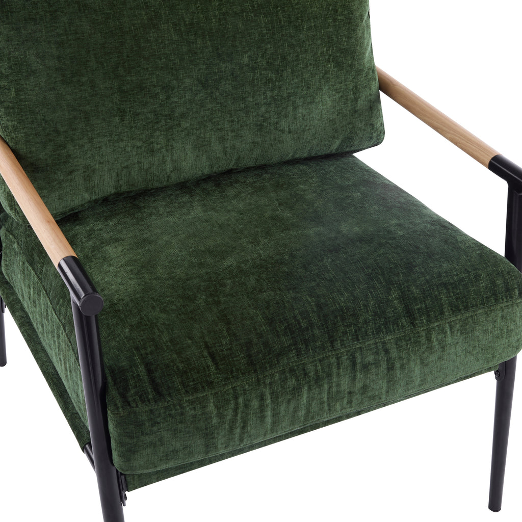 Modern Accent Chair with Plush Cushions, Minimalist Metal Frame, Wooden Armrest Design, Green - Grand Goldman Shop