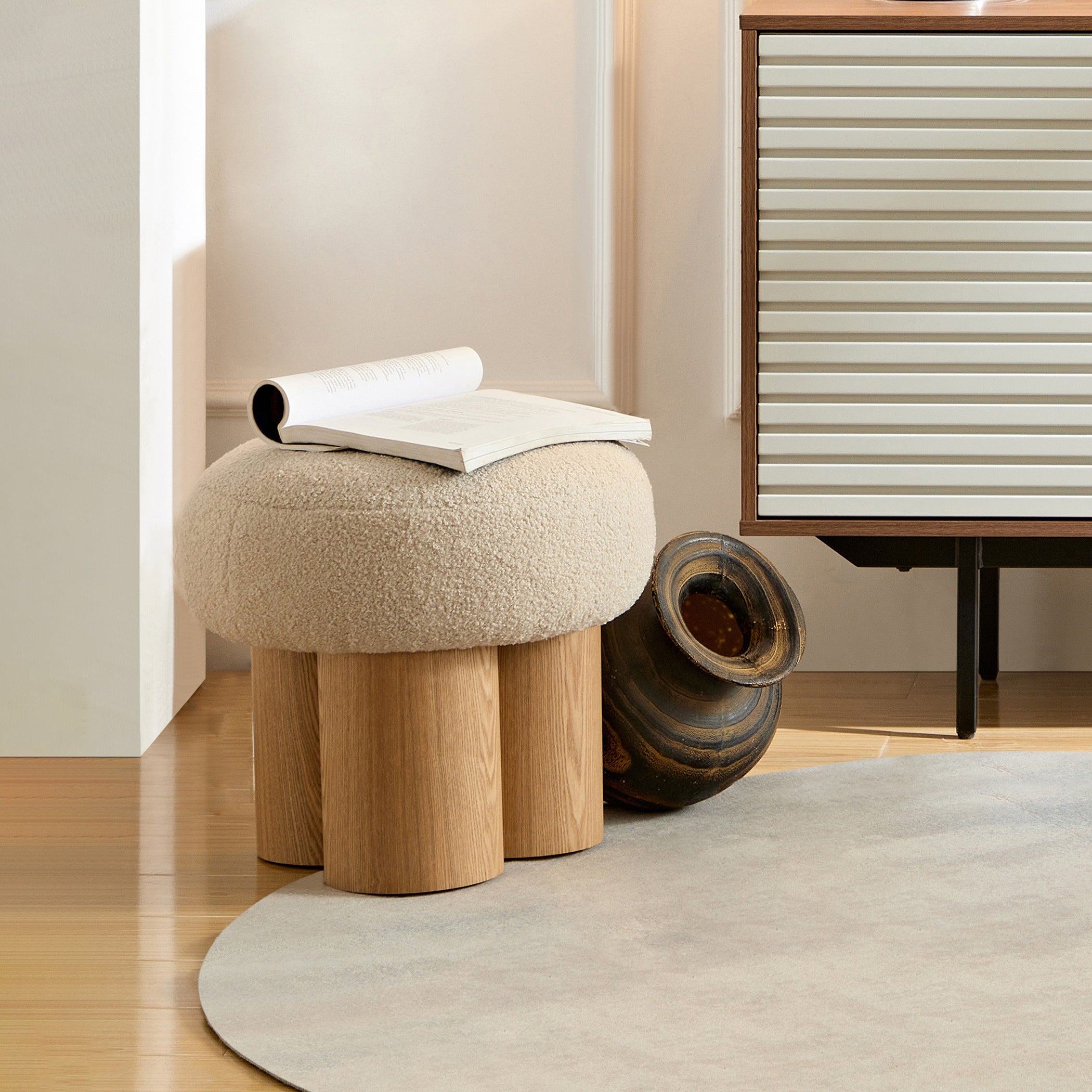 W8017-1 Mushroom Stool with Greige Plush Cushion, Wooden Barrel PVC Pipe, Walnut Finish - Grand Goldman Shop