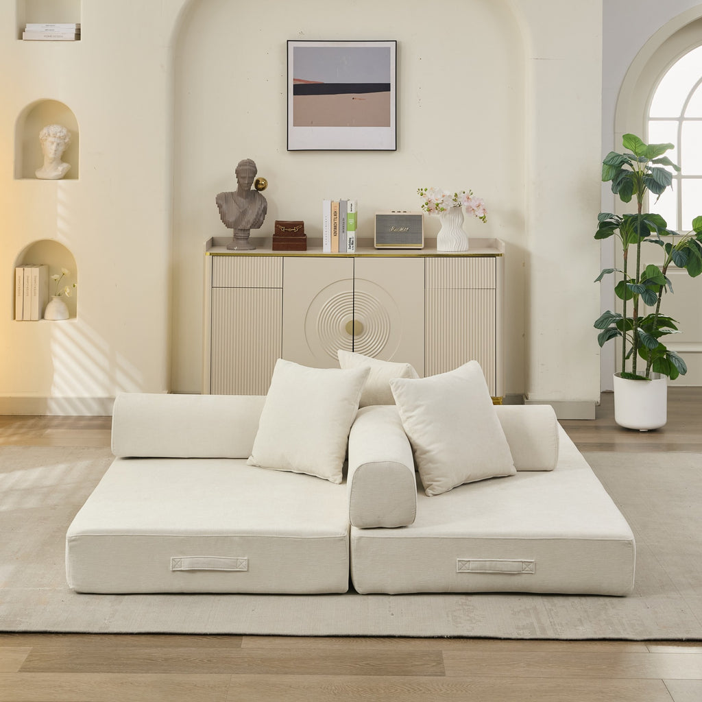 Comfy Convertible Folding Mattress Couch, Floor Sofa Bed, Chenille Floor Sofa with Armrest, Floor Sofa Lounge Couch for Living Room Bedroom Lounge Studio-Beige - Grand Goldman Shop