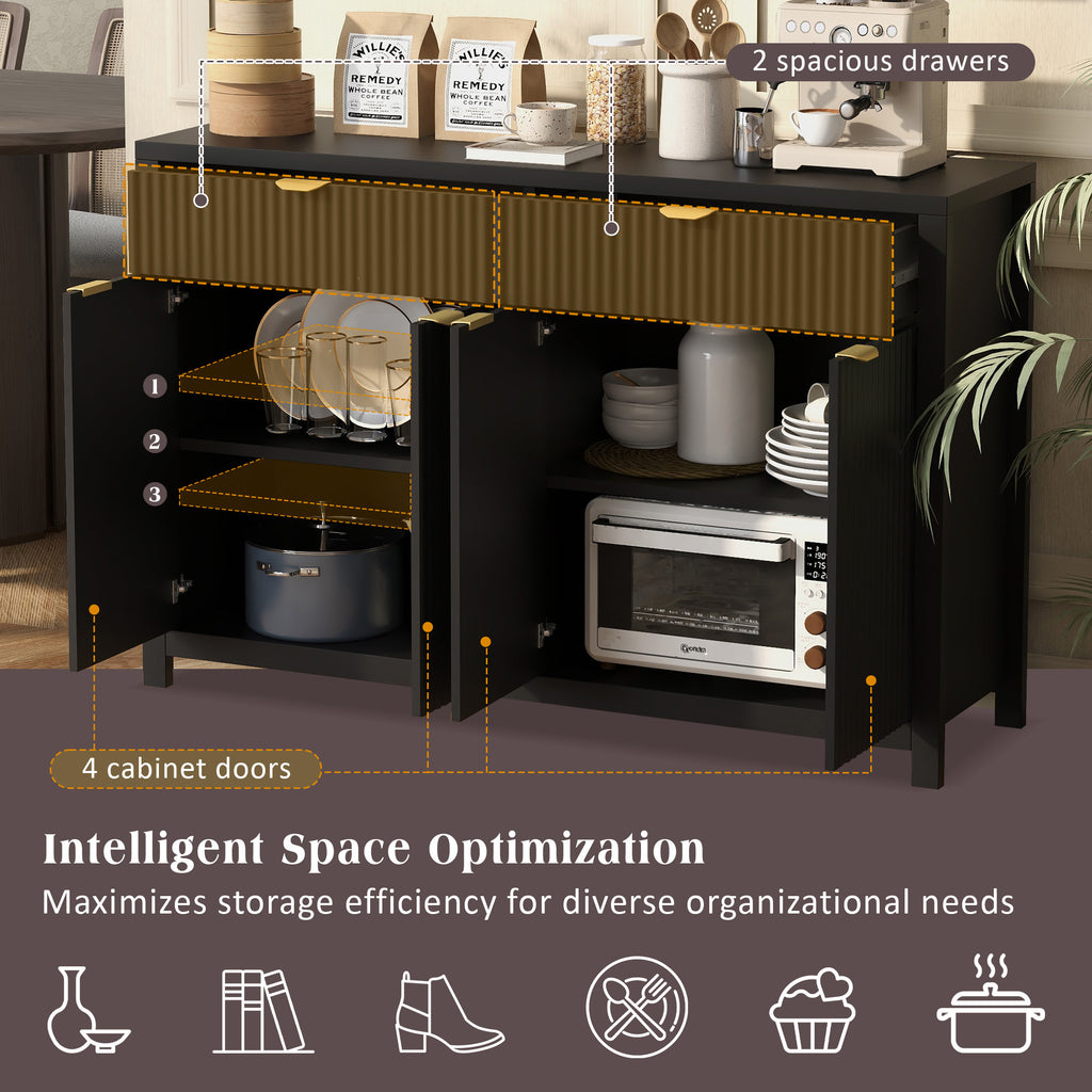 U_STYLE Modern 55.1'' Sideboard Buffet Cabinet with 2 Drawers & 4 Doors, Adjustable Shelves, Wave-Pattern Design, Aluminum Handles, Painted MDF, Scandinavian Storage for Dining Room, Living Room - Grand Goldman Shop