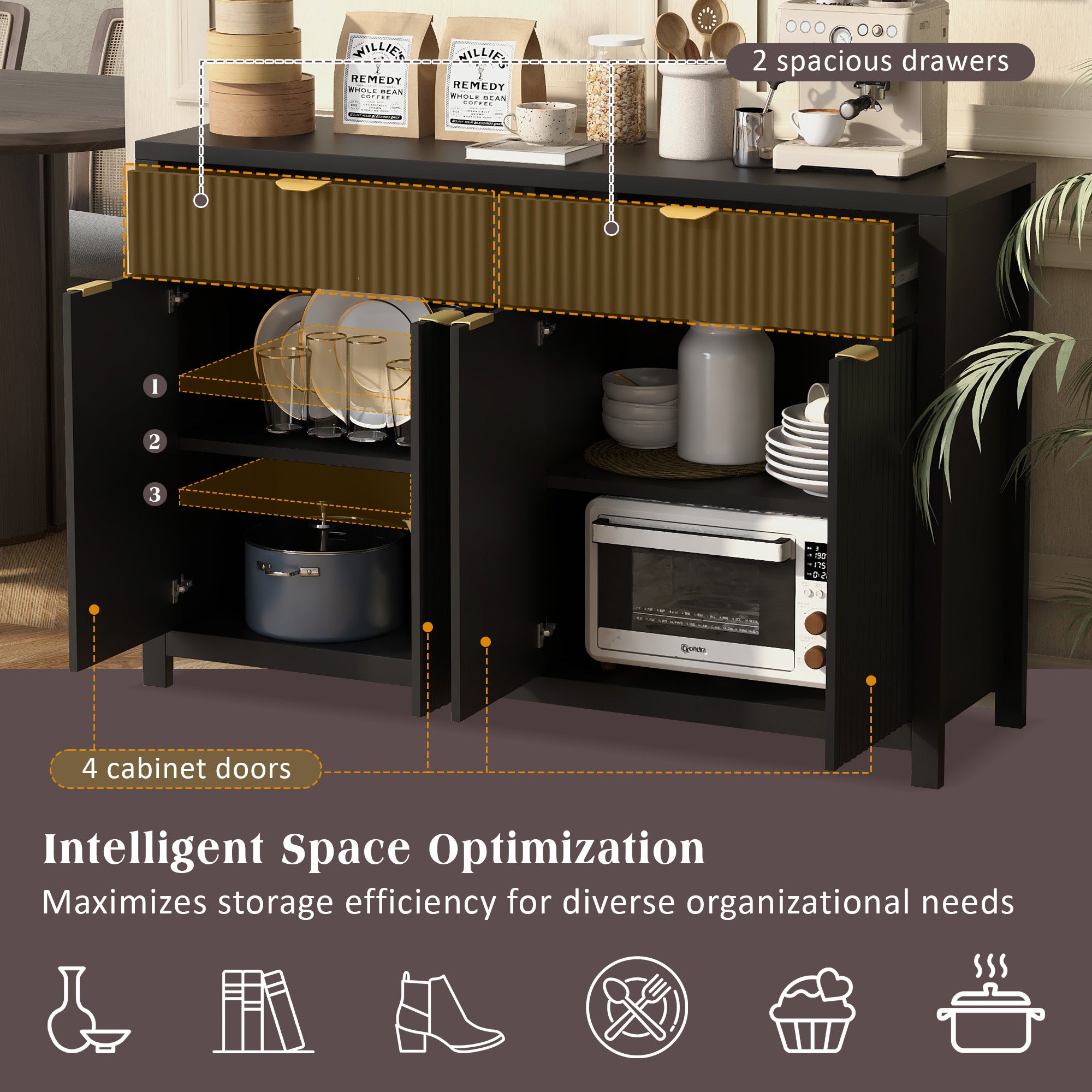 U_STYLE Modern 55.1'' Sideboard Buffet Cabinet with 2 Drawers & 4 Doors, Adjustable Shelves, Wave-Pattern Design, Aluminum Handles, Painted MDF, Scandinavian Storage for Dining Room, Living Room - Grand Goldman Shop