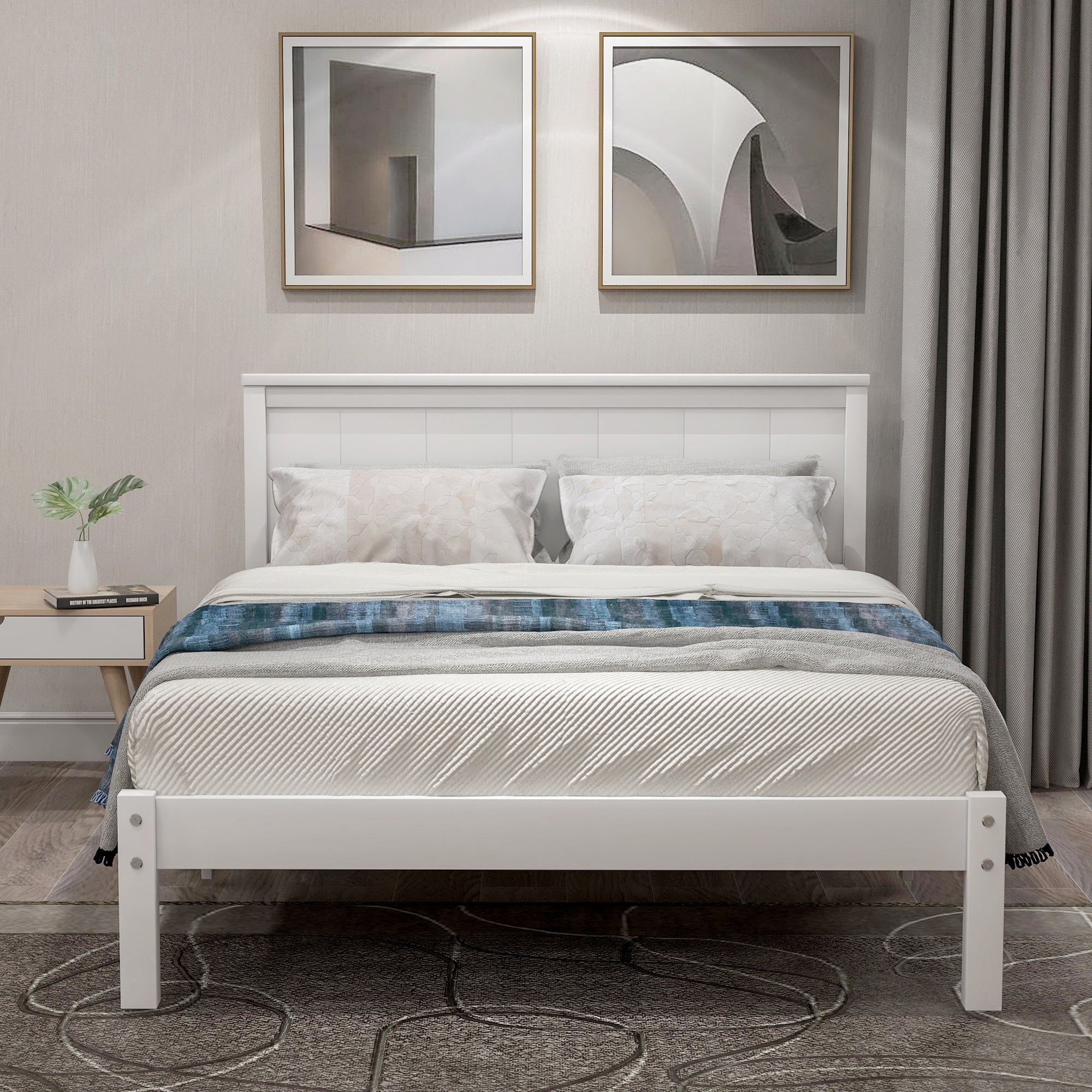 White Platform Bed Frame with Headboard, Wood Slat Support, No Box Spring Needed, Twin, Pine and MDF - Grand Goldman Shop