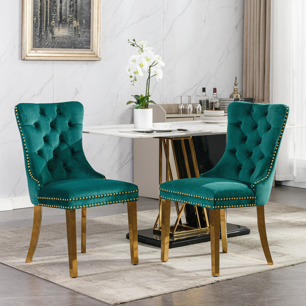 A&A Furniture,Nikki Collection Modern, High-end Tufted Solid Wood Contemporary Velvet Upholstered Dining Chair with Golden Stainless Steel Plating Legs,Nailhead Trim,Set of 2，Black and Gold, SW1601GN - Grand Goldman Shop