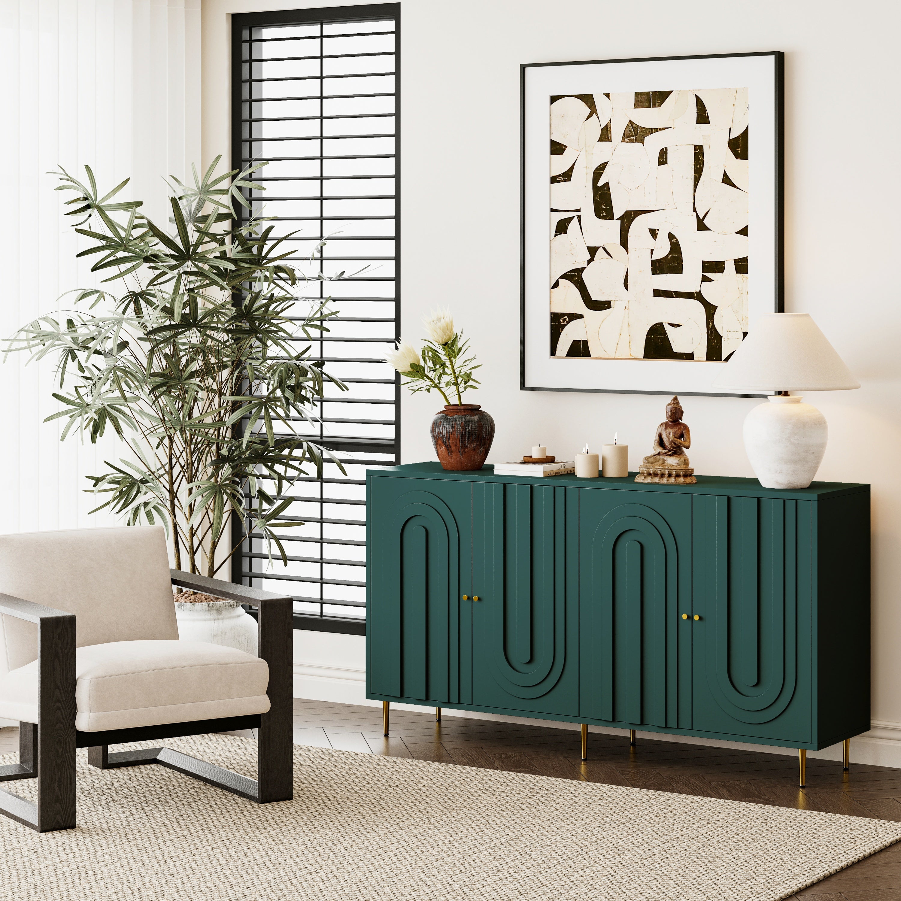 Modern Green Lacquered 4 Door Wooden Cabinet Sideboard Buffet Server Cabinet Storage Cabinet, for Living Room, Entryway, Hallway, Office, Kitchen and Dining Room - Grand Goldman Shop