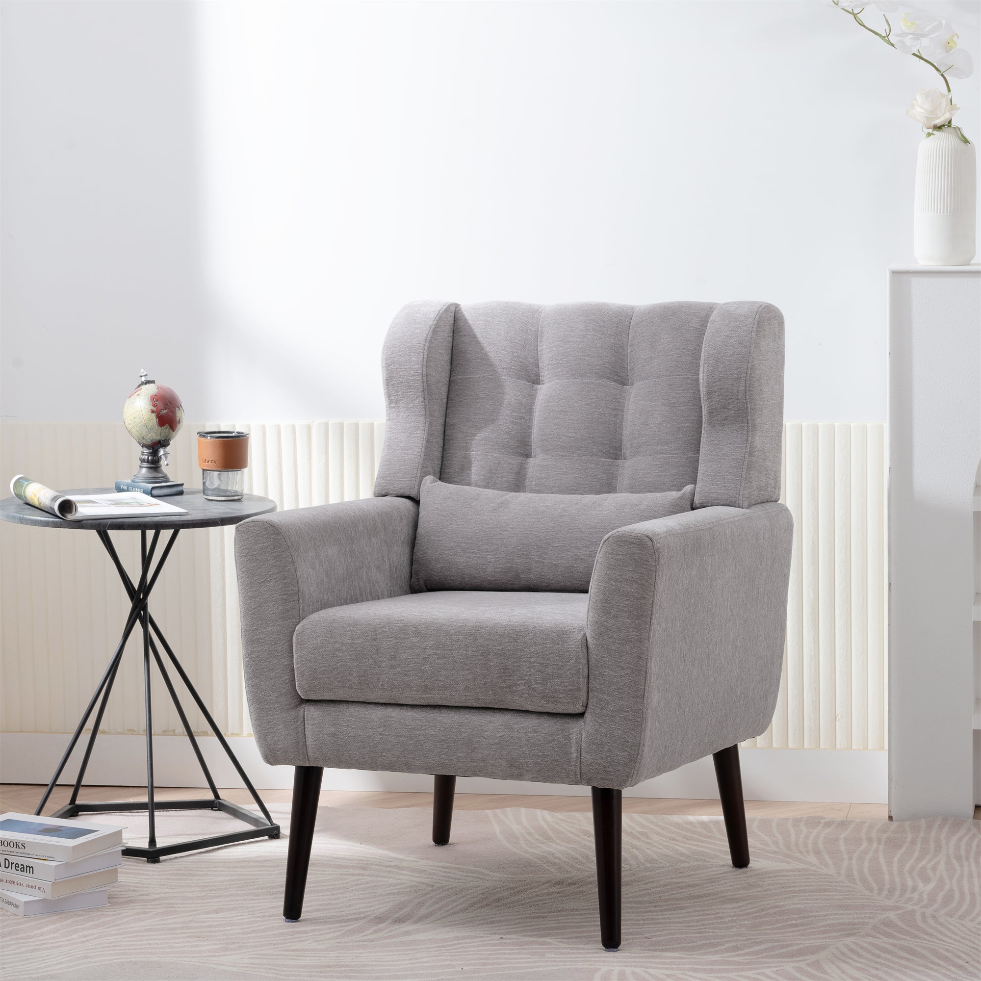 Modern Accent Chair Chenille Arm Chairs for Living Room Upholstered Comfy Soft Padded Lounge Chair with Pillow Solid Wood Leg Gray - Grand Goldman Shop