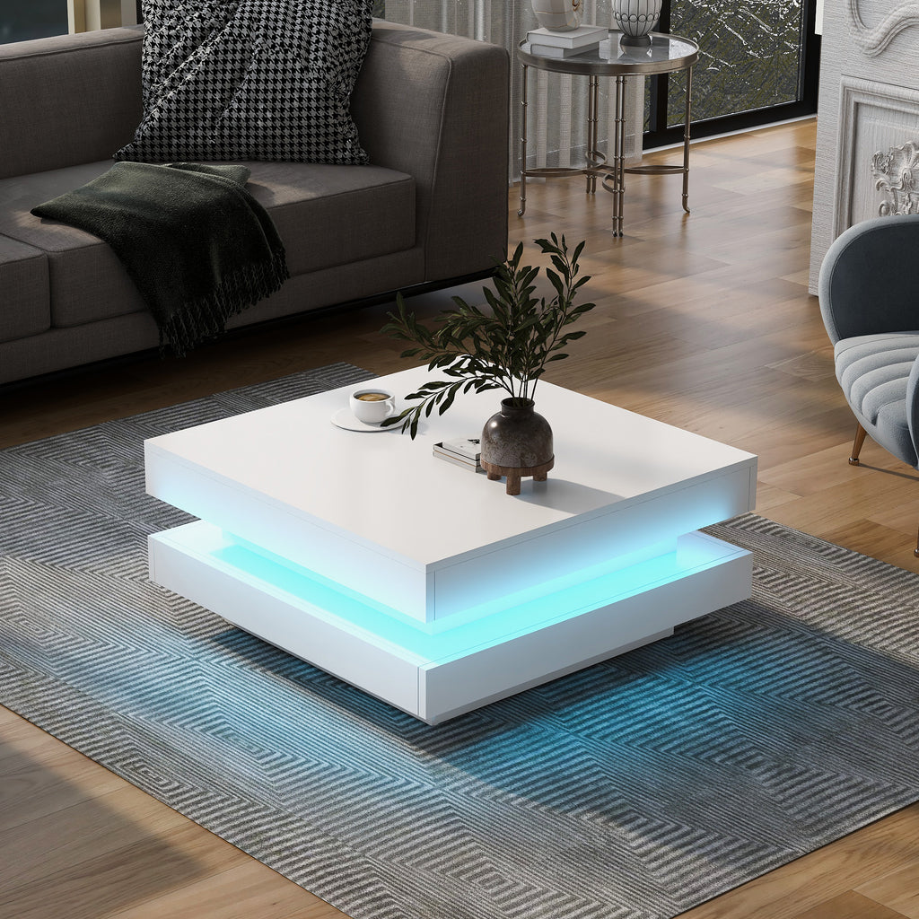 ON-TREND High Gloss Minimalist Design with LED Lights, 2-Tier Square Coffee Table, Center Table for Living Room, 31.5''x31.5''x14.2'', White - Grand Goldman Shop