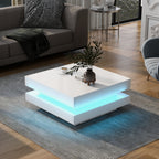 ON-TREND High Gloss Minimalist Design with LED Lights, 2-Tier Square Coffee Table, Center Table for Living Room, 31.5''x31.5''x14.2'', White - Grand Goldman Shop