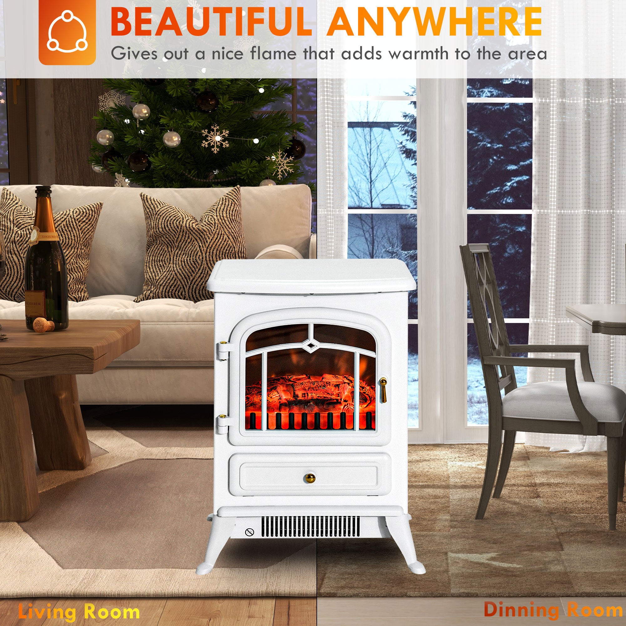 22' Electric Fireplace Heater, Freestanding Fire Place Stove with Realistic LED Flames and Logs, and Overheating Protection, 750W/1500W, White - Grand Goldman Shop