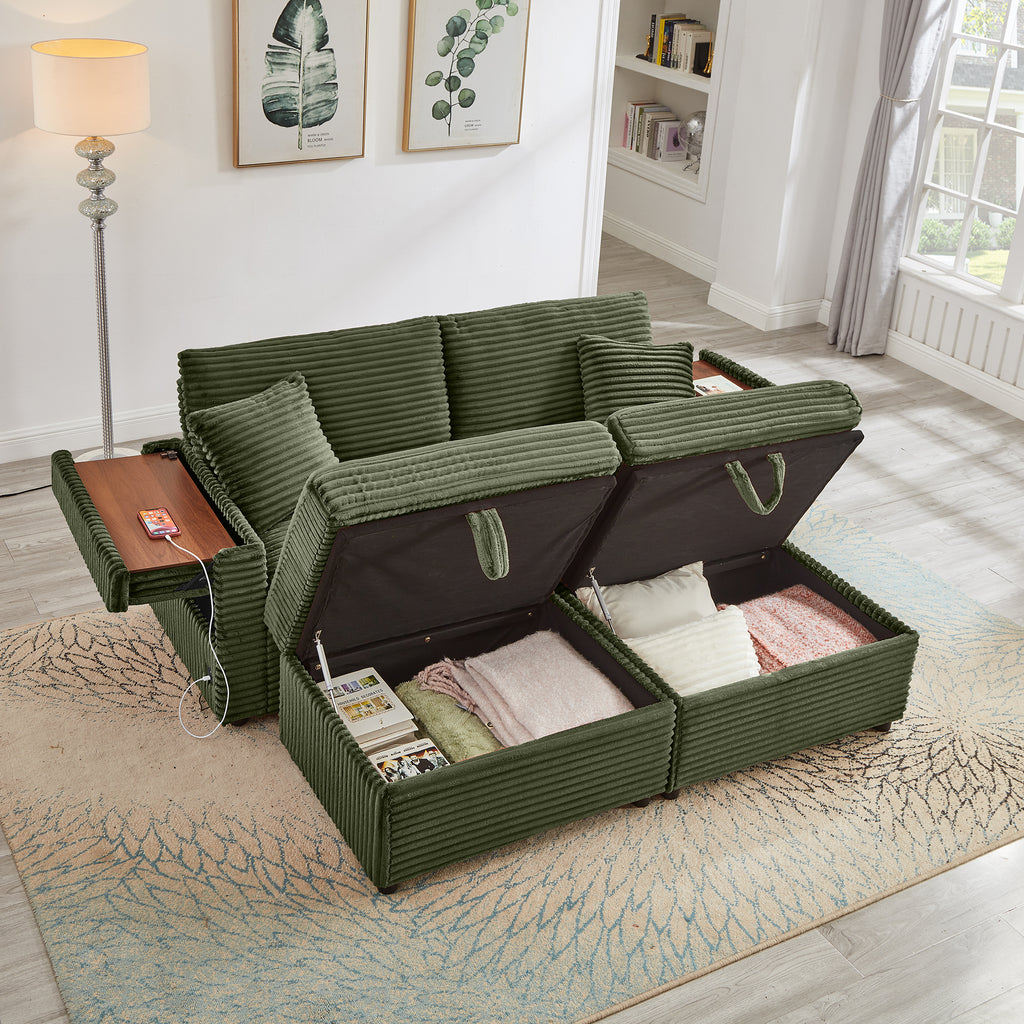 Comfortable Fluffy Corduroy Lazy Sofa, Storage Space for Big Loveseat, Super Soft Chaise Lounge with Double Ottomans and Table Board,Suitable for Chailiving - Grand Goldman Shop