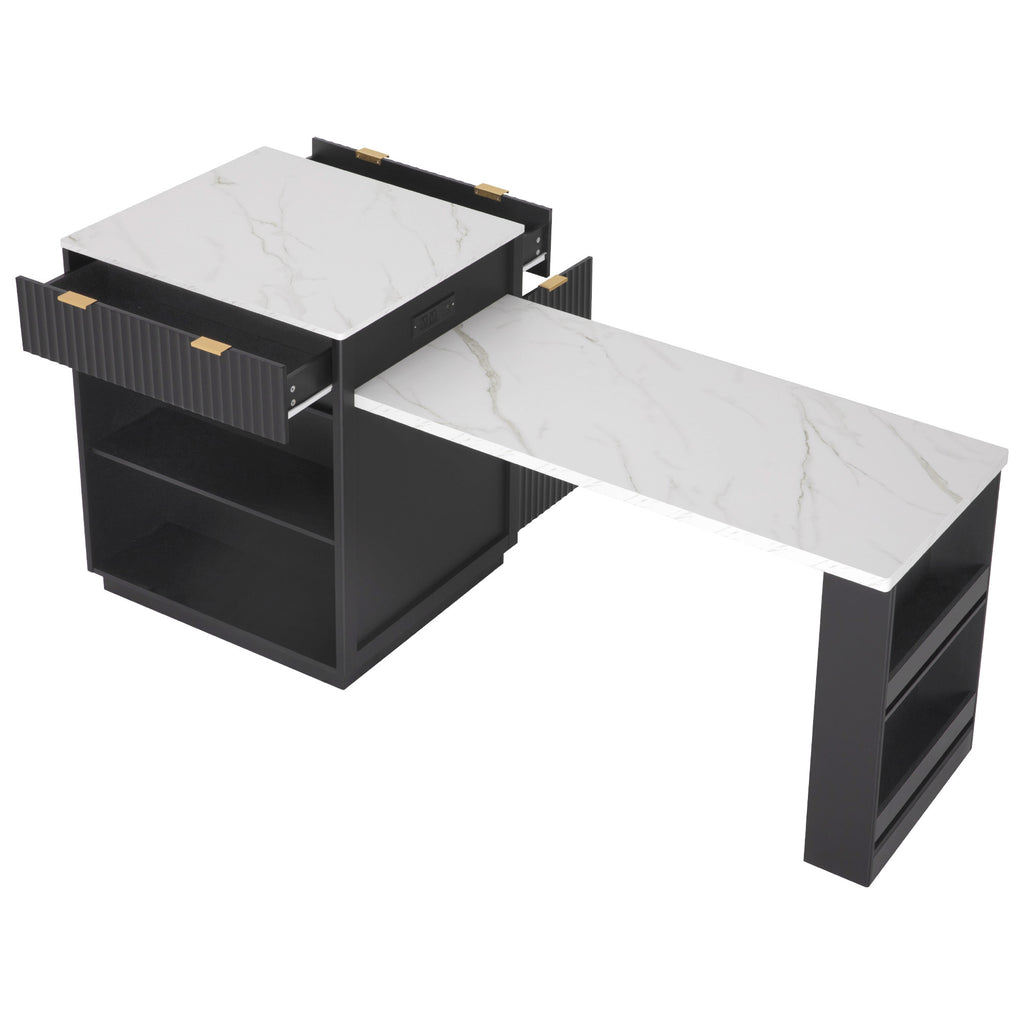 K&K 82.6' Fluted Kitchen Island with Extendable Dining Table for 4-6, Island Table for Kitchen with Power Outlet, Kitchen Table with Double-Side Storage, 2 Drawers 2 Side Open Shelves, Black - Grand Goldman Shop