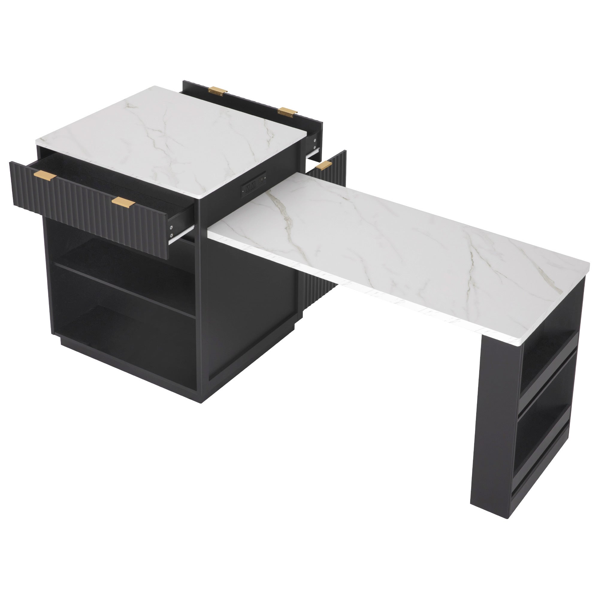 K&K 82.6' Fluted Kitchen Island with Extendable Dining Table for 4-6, Island Table for Kitchen with Power Outlet, Kitchen Table with Double-Side Storage, 2 Drawers 2 Side Open Shelves, Black - Grand Goldman Shop