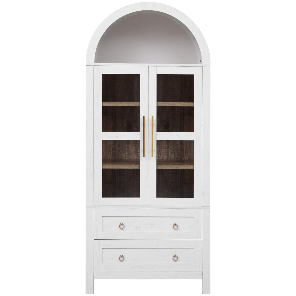 K&K 71' Tall Arched Kitchen Pantry Cabinet with 2 Large Drawers, Modern Farmhouse Kitchen Storage Cabinets with Adjustable Shelves, Glass Door, Wood Versatile Cupboard for Kitchens, Dining Room, White - Grand Goldman Shop