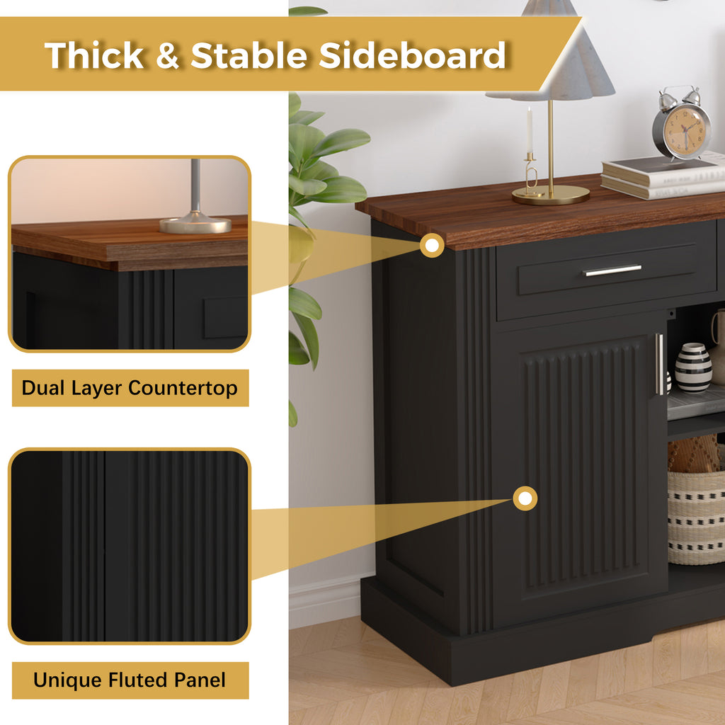 Black Fluted Sideboard Buffet Cabinet with 4 Doors and 3 Drawers, Modern Wood Kitchen Storage Console Table for Living Room Dining Room Entryway, 63' - Grand Goldman Shop