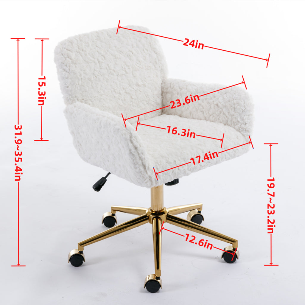 A&A Furniture Artificial Rabbit Hair Office Chair with Golden Metal Base, Adjustable Swivel Vanity Chair, Beige Velvet - Shop
