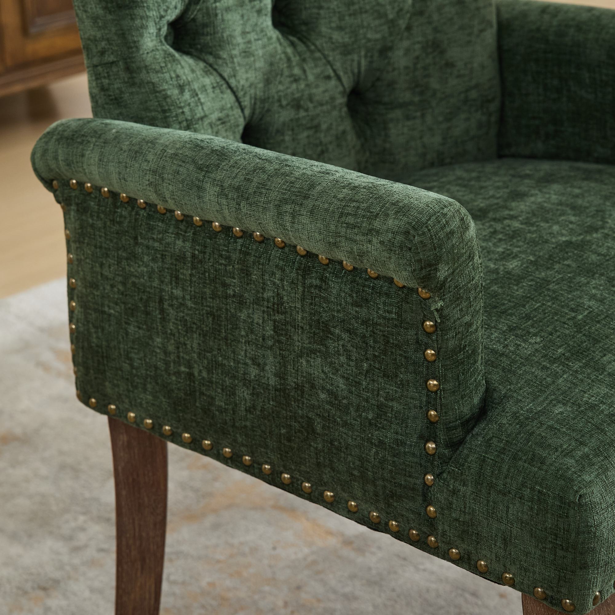 Upholstered Chenille Fabric Accent Dining Chair, Curved Solid Wood Legs, Elegant Tufted Club Dining Room Kitchen Room Arm Dining Chair, Single Pack,Olive Green,SW1895OL - Grand Goldman Shop