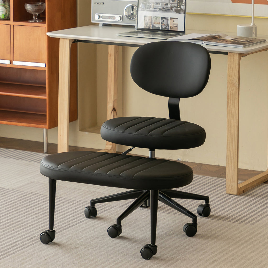 Ergonomic Cross-Legged Office Chair for Adults with Back Support, Black Faux Fur Swivel Desk Chair with Rolling Base and Adju