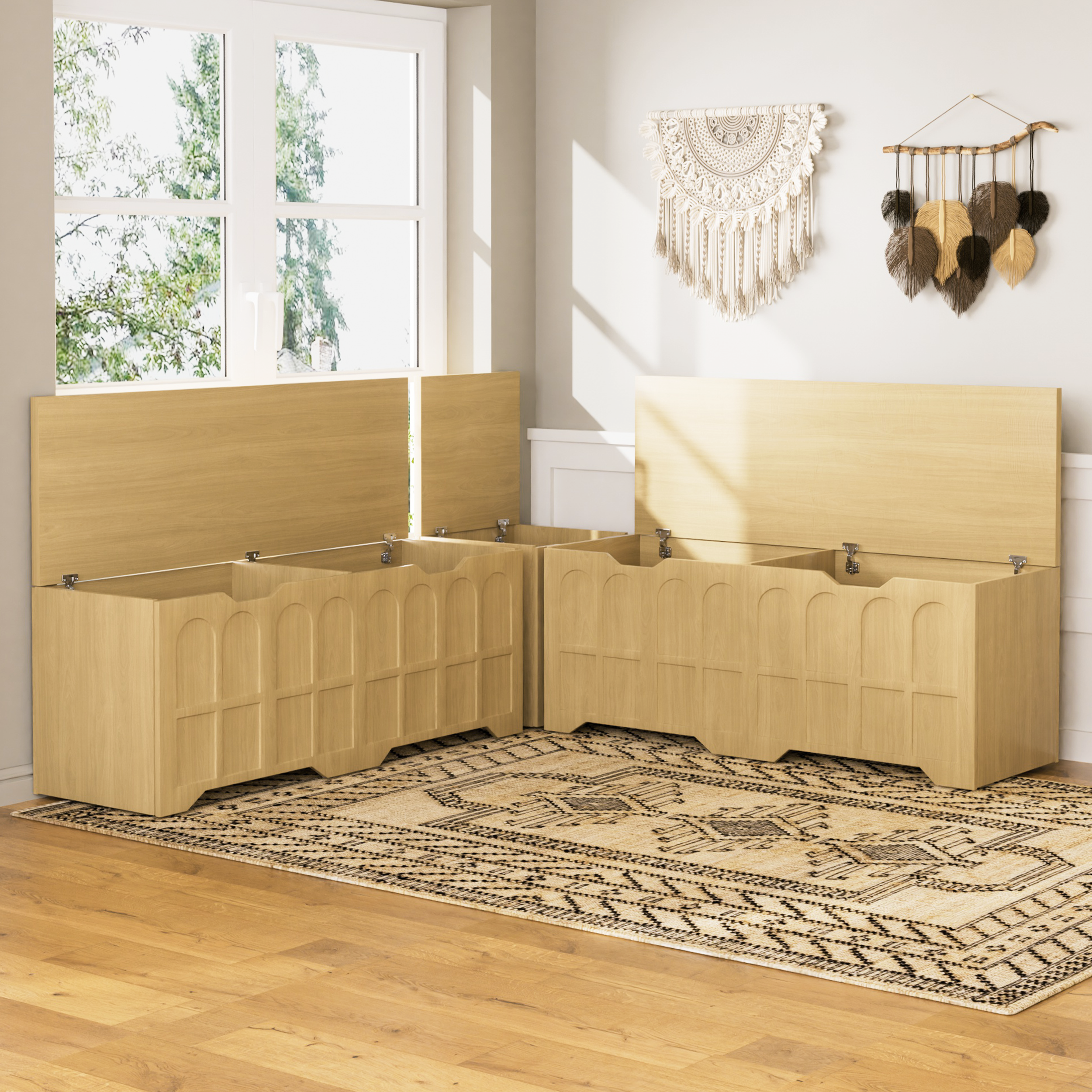 3-Piece L-shaped multifunctional storage bench with padded shoe bench, serves as a kitchen corner stool, toy storage box, or reading nook seat, natural color, 63'D x 63'W x 19.1'H - Grand Goldman Shop