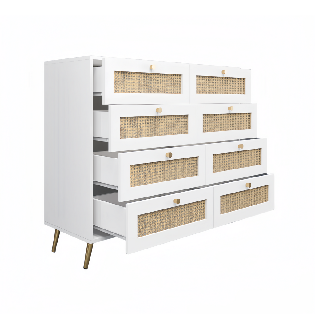 White Color 8 Drawers Chest of Drawers with Rattan Drawer Face Golden Legs and Handles - Grand Goldman Shop