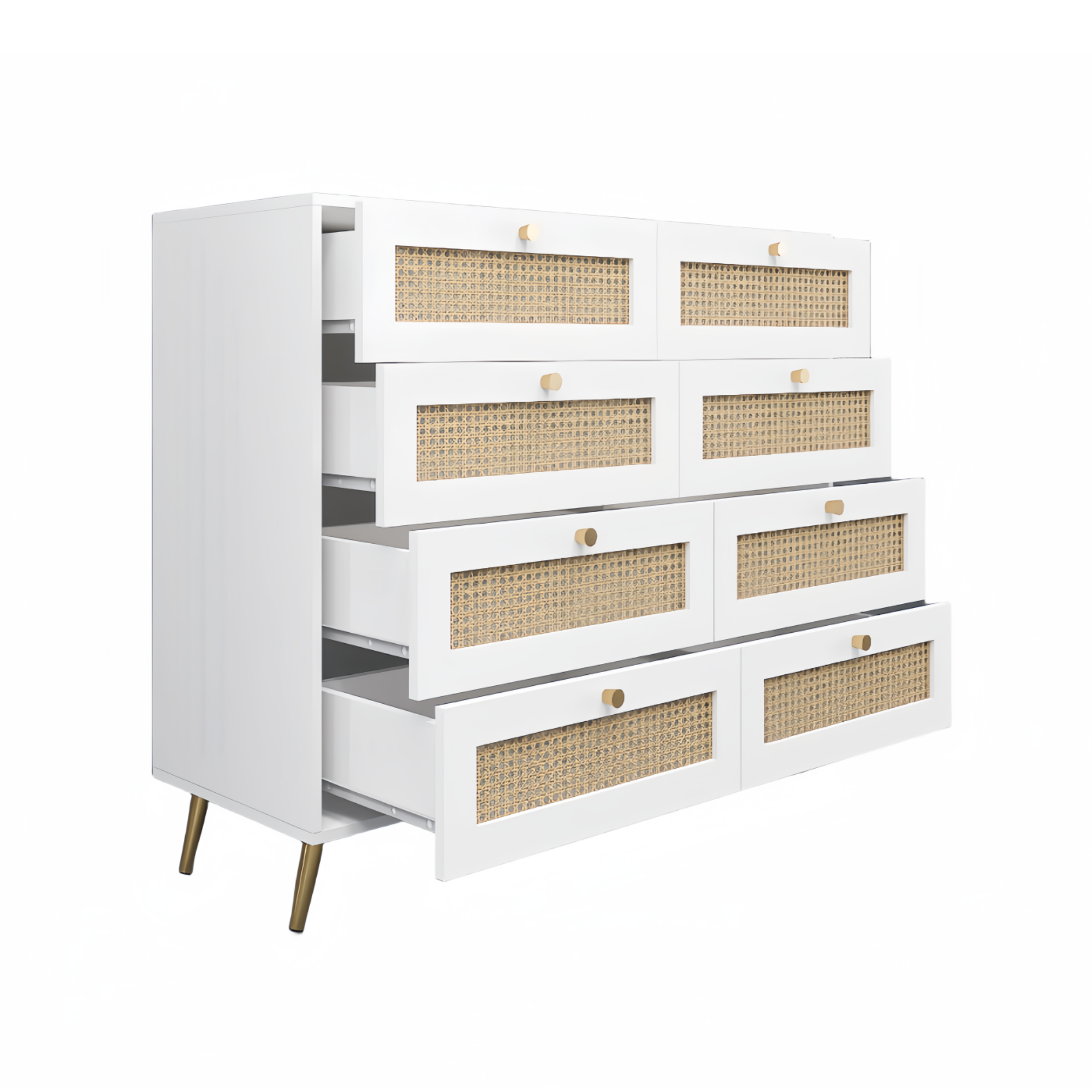 White Color 8 Drawers Chest of Drawers with Rattan Drawer Face Golden Legs and Handles - Grand Goldman Shop