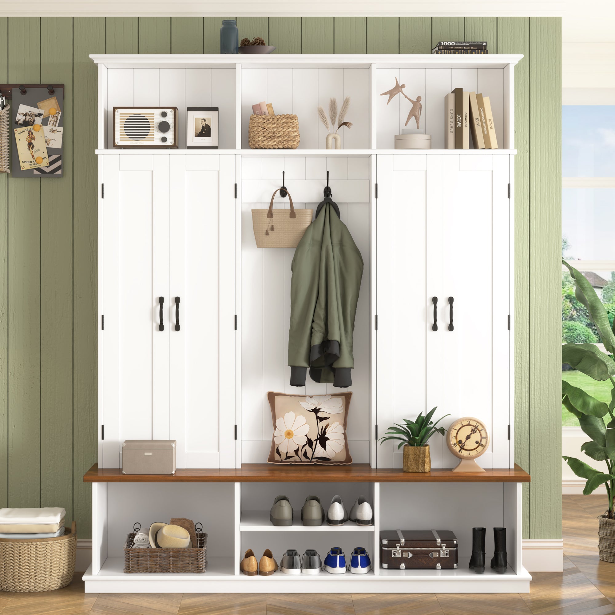 62.2''W Entryway Hall Tree with Bench, 3 Top Cubbies & Bottom Storage Space, Farmhouse Coat Rack with Hooks & Cabinets for Entryway, Hallway, Mudroom, Living Room - Grand Goldman Shop