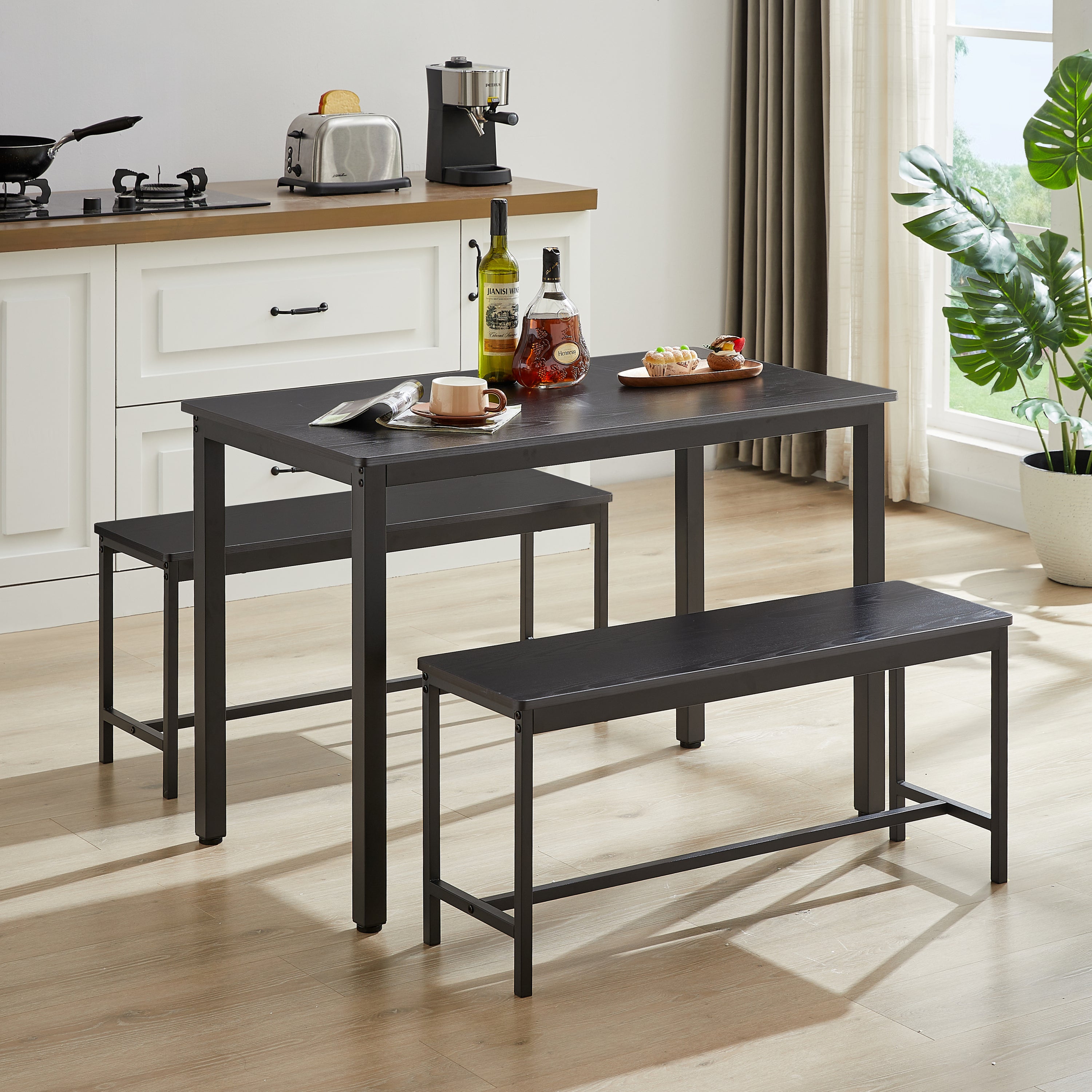 Dining Table Set, Bar Table with 2 Dining Benches, Kitchen Table Counter with Chairs, Industrial for Kitchen Breakfast Table, Living Room, Party Room, Black , 43.3″L x23.6″W x 29.9″H - Grand Goldman Shop