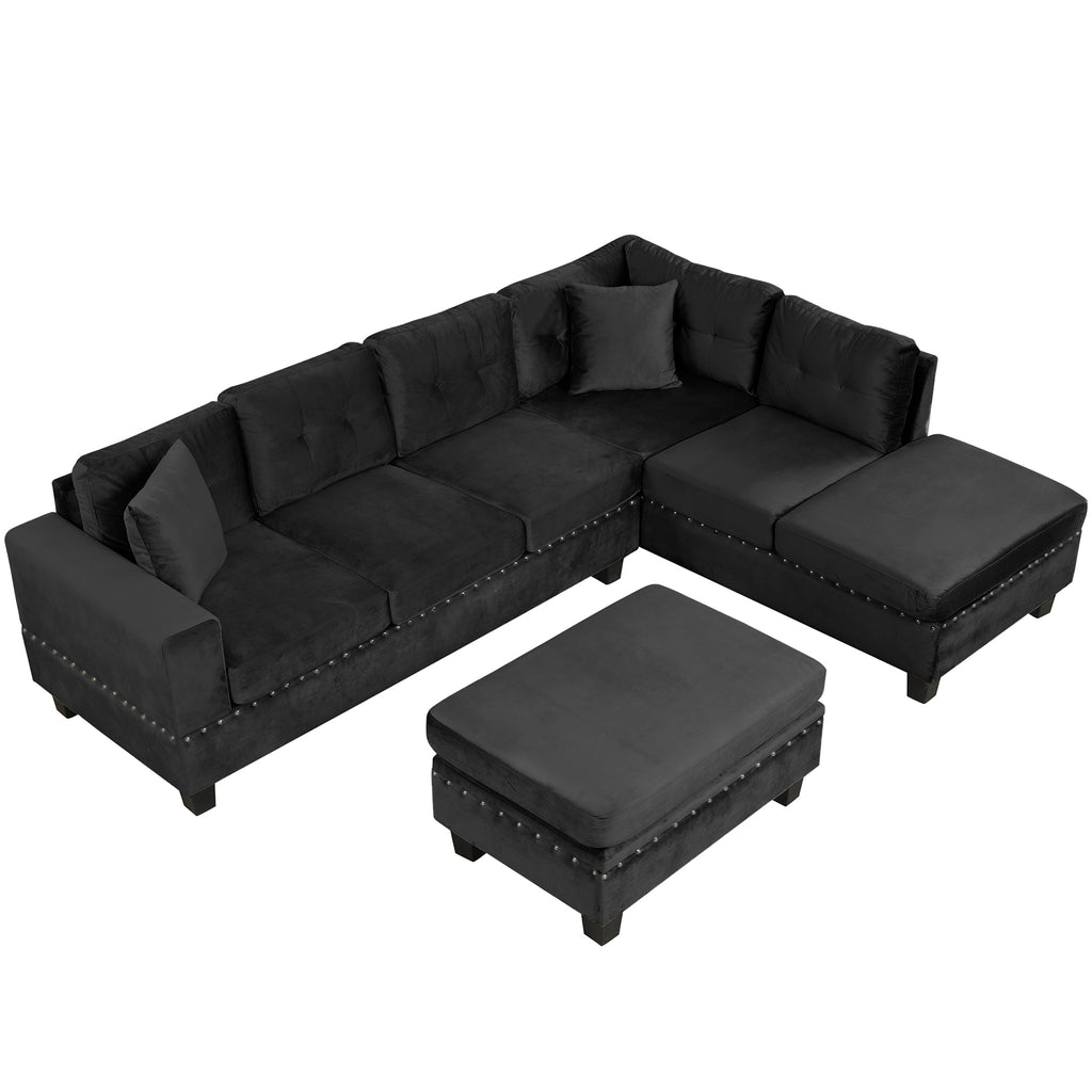 Modern Sectional Sofa with Storage Ottoman, L-Shape Couch with 2 Pillows and Cup Holders, Black Velvet, 105' - Grand Goldman Shop