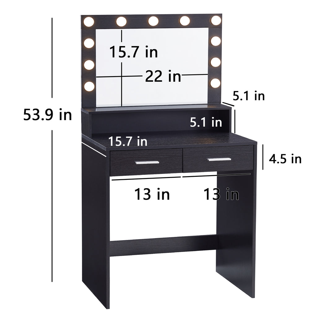 Vanity Desk with Mirror and Lights, Dressing Table with Large Drawer, 2 Level Storage Dresser & 3 Lighting Modes Adjustable Brightness, Suitable for Bedroom(Black) - Grand Goldman Shop