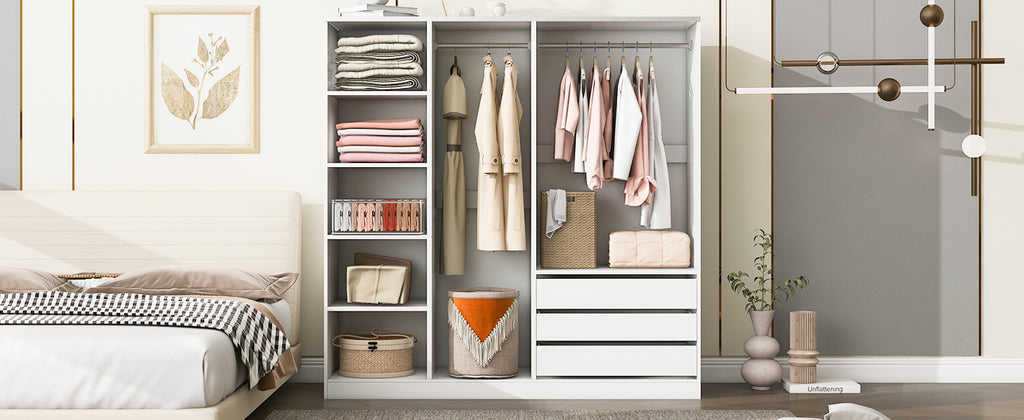 Doorless Wooden Storage Wardrobe for Dedroom with Shelves and 3 Drawers, White - Grand Goldman Shop