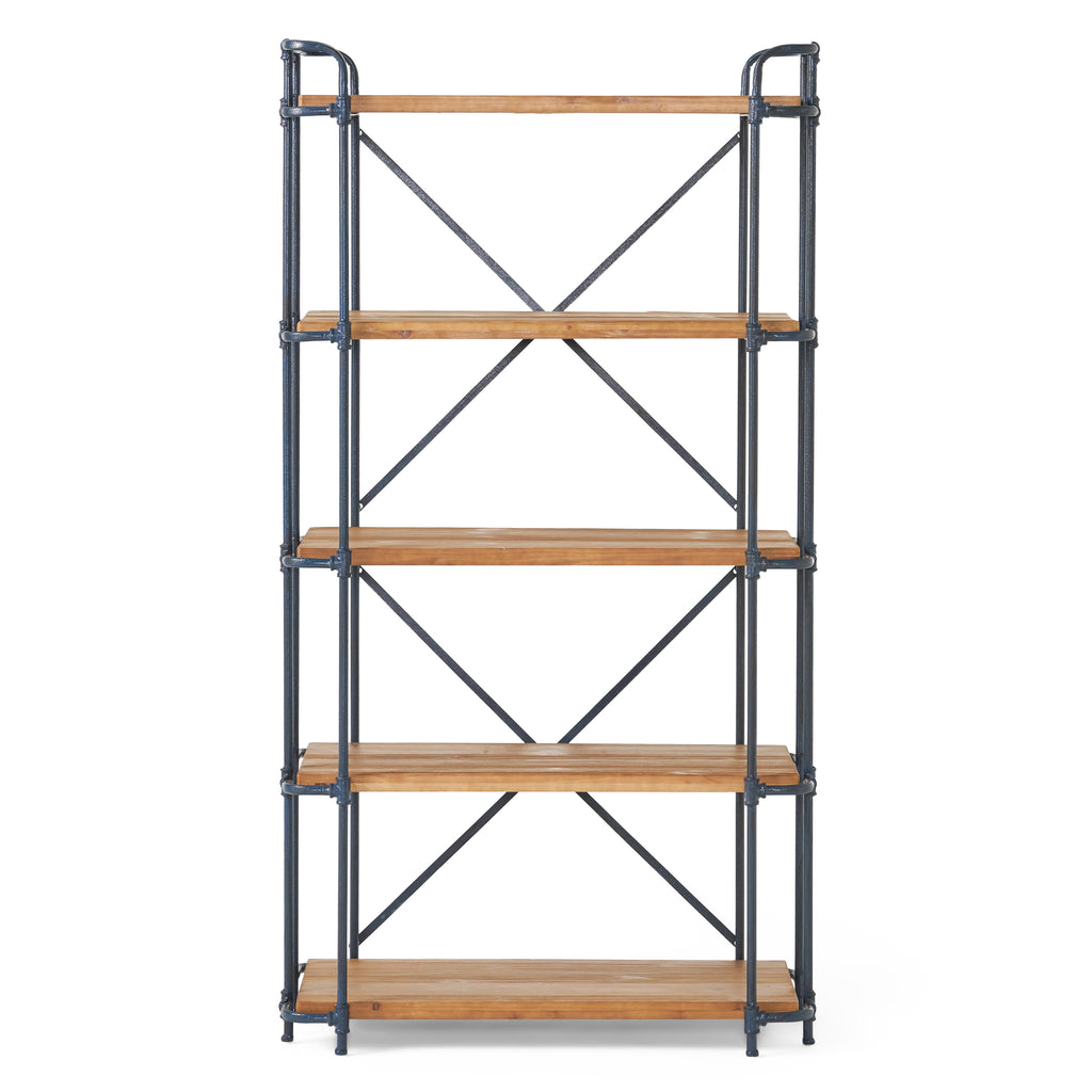 Yorktown Industrial 5-Shelf Bookcase with Metal Pipework and Solid Fir in Natural Finish - Grand Goldman Shop