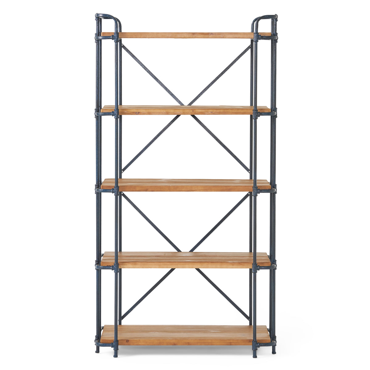 Yorktown Industrial 5-Shelf Bookcase with Metal Pipework and Solid Fir in Natural Finish - Grand Goldman Shop