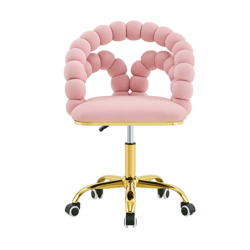 Pink Velvet Bubble Vanity Chair with Gold Base, 360° Swivel Height Adjustable Ergonomic Accent Chair, Cute Rolling Desk Chair