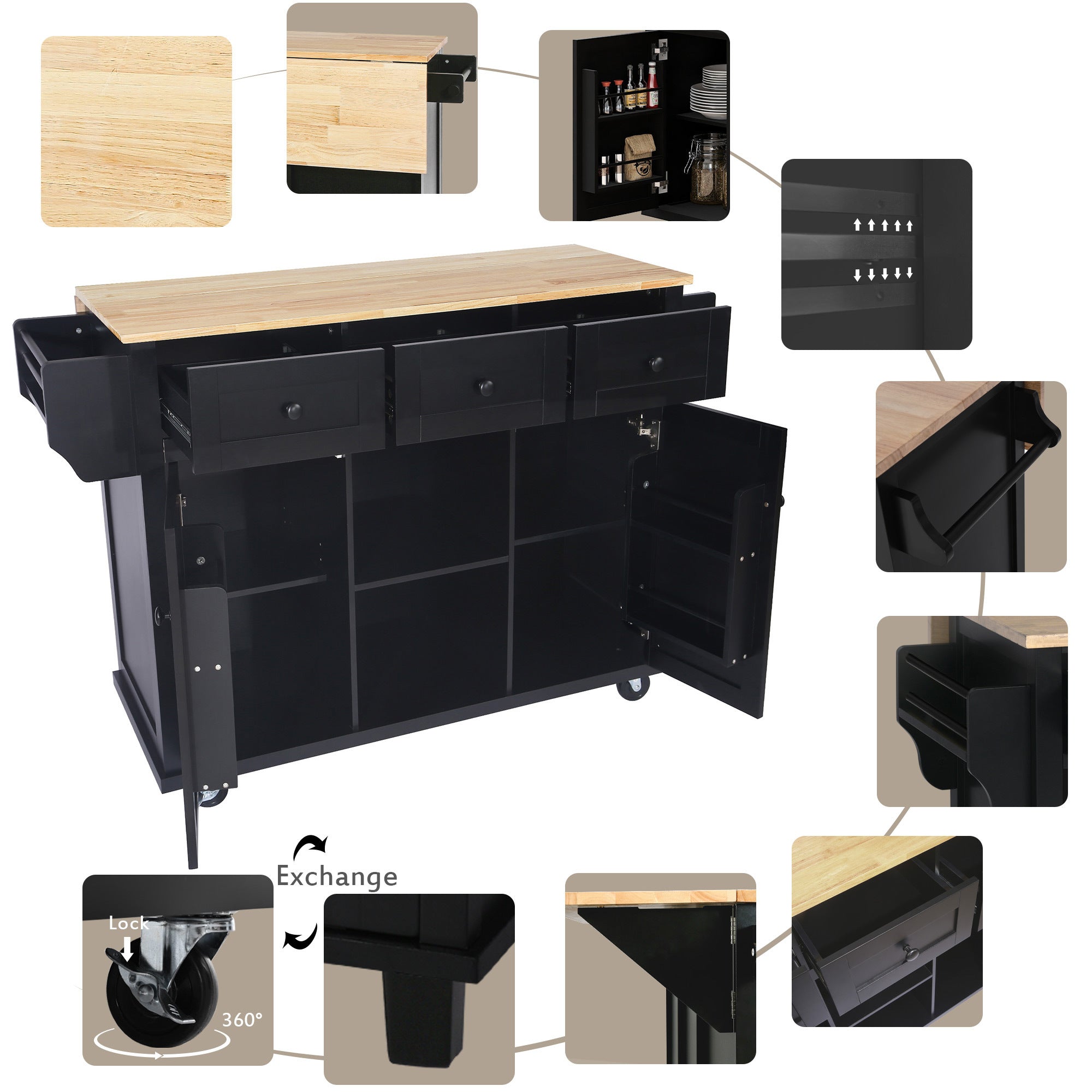 Kitchen Cart with Rubber wood Drop-Leaf Countertop ,Cabinet door internal storage racks,Kitchen Island on 5 Wheels with Storage Cabinet and 3 Drawers for Dinning Room, Black - Grand Goldman Shop