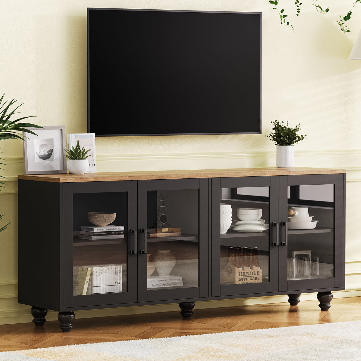 ON-TREND Farmhouse TV Stand with Tempered Glass Doors for TVs Up to 70', Versatile Sideboard with Adjustable Shelves, Elegant Buffet Cabinet with 5 Solid Wood Gourd-Shaped Legs for Living Room, Black - Grand Goldman Shop