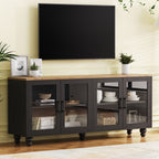 ON-TREND Farmhouse TV Stand with Tempered Glass Doors for TVs Up to 70', Versatile Sideboard with Adjustable Shelves, Elegant Buffet Cabinet with 5 Solid Wood Gourd-Shaped Legs for Living Room, Black - Grand Goldman Shop