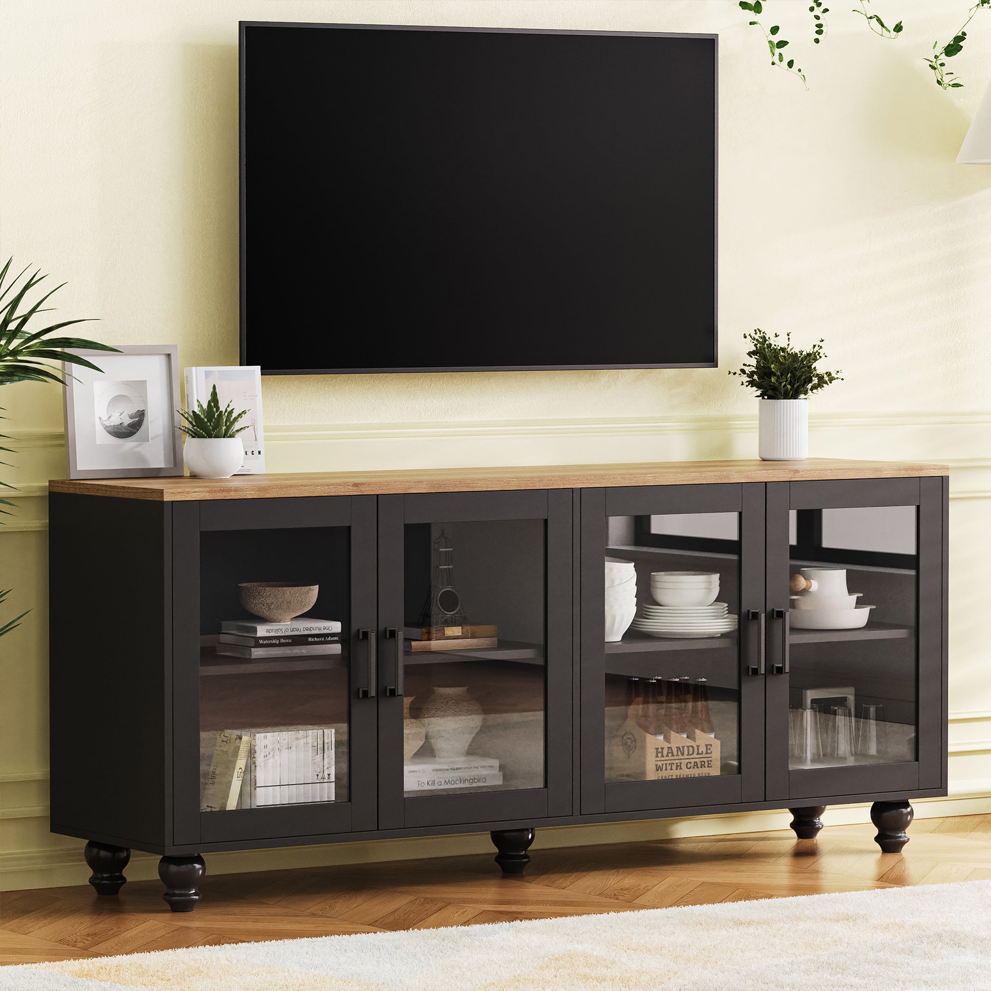 ON-TREND Farmhouse TV Stand with Tempered Glass Doors for TVs Up to 70', Versatile Sideboard with Adjustable Shelves, Elegant Buffet Cabinet with 5 Solid Wood Gourd-Shaped Legs for Living Room, Black - Grand Goldman Shop