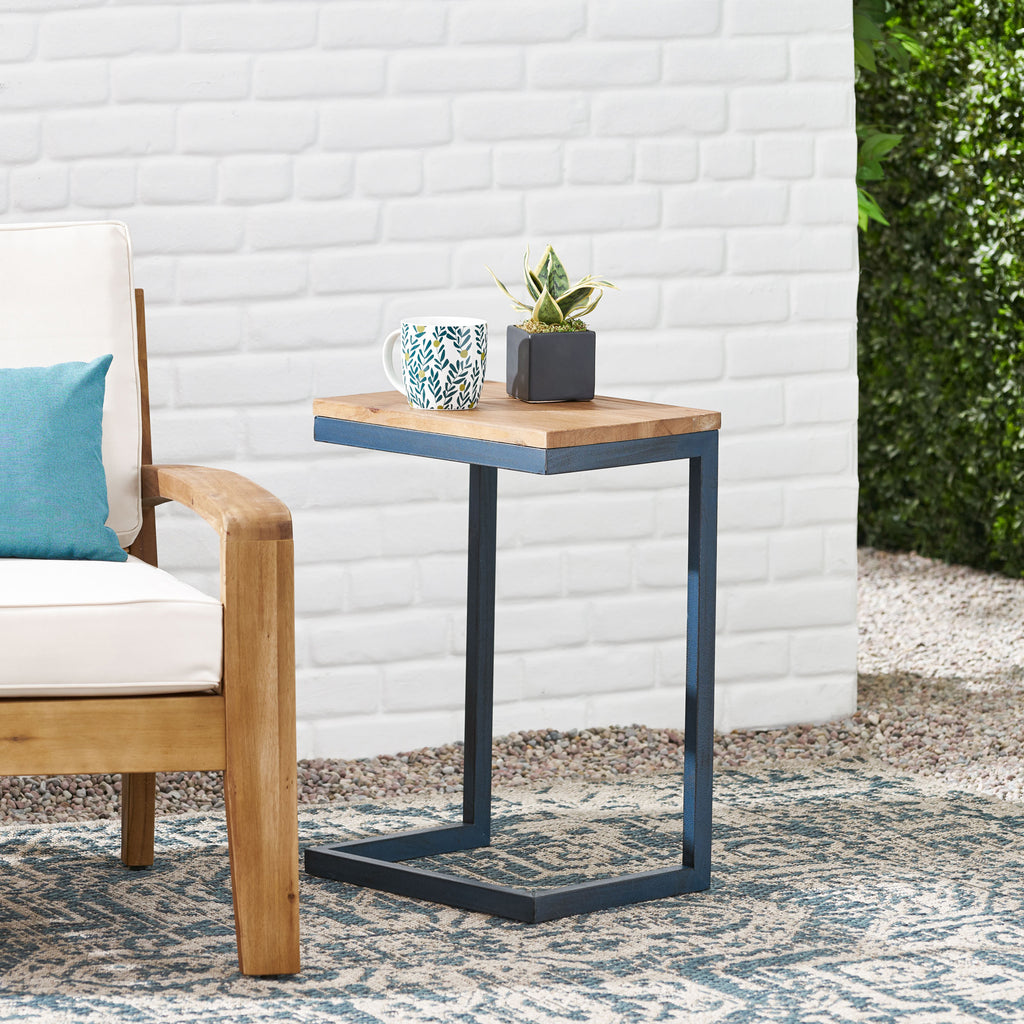 Medium C-shaped End Table with Iron Base and Fir Wood Top, Black - Grand Goldman Shop