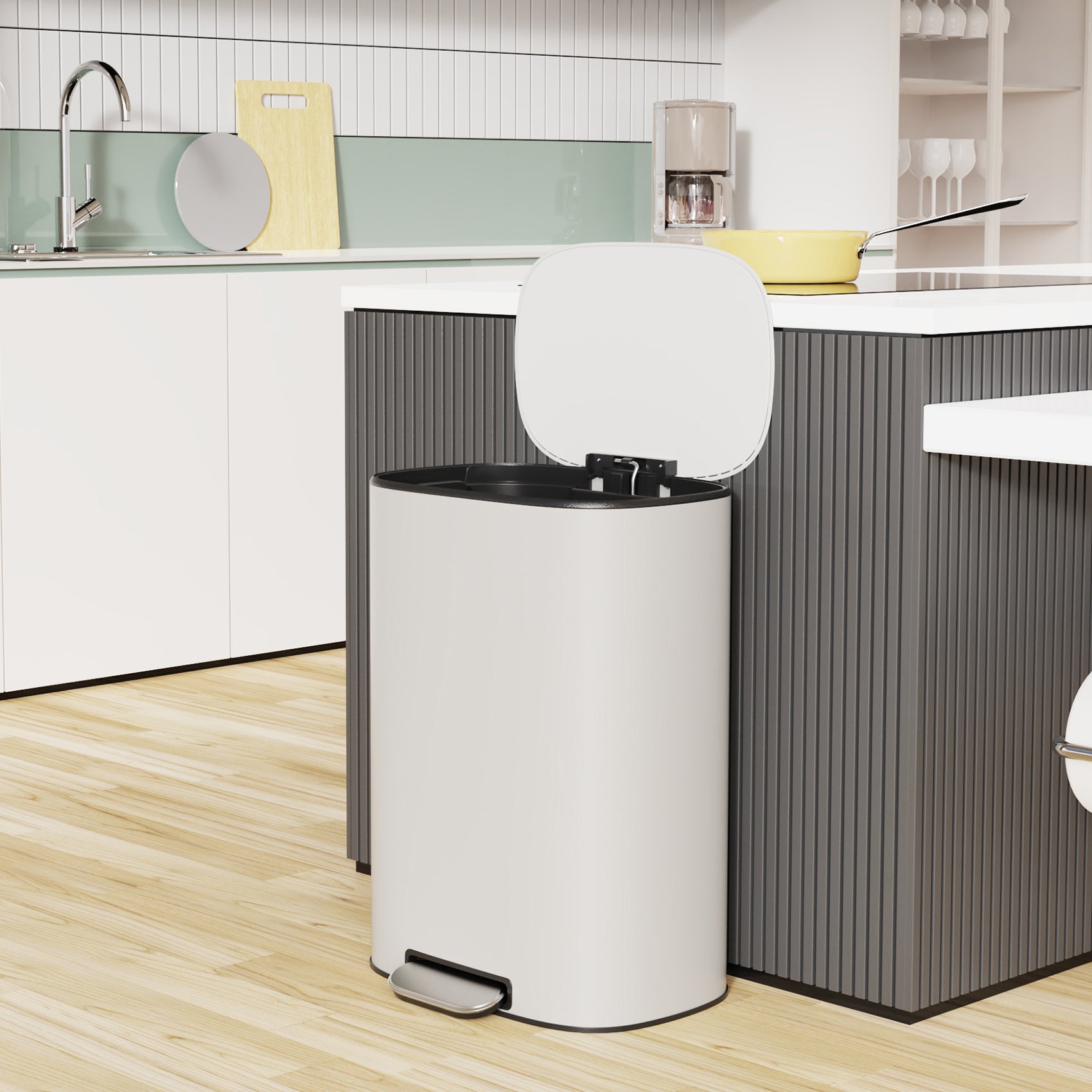 13 Gallon 50L Kitchen Foot Pedal Operated Soft Close Trash Can - Stainless Steel Ellipse Bustbin - White - Grand Goldman Shop