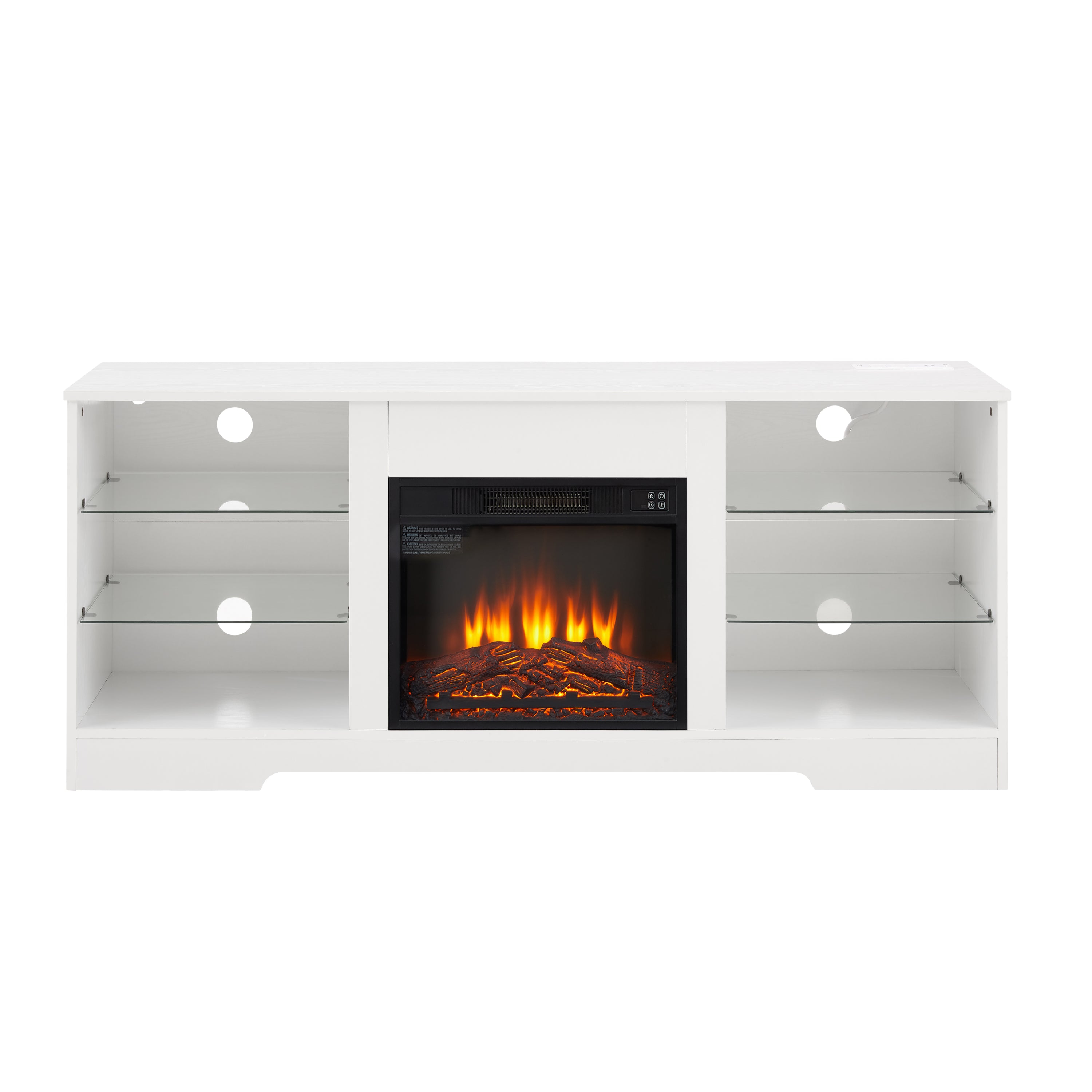 TV Stand Electric Fireplace  Glass Shelves, 3D Fireplace TV Stand with LED Lights Wood with USB Charging Outlet Modern Television Table Center for TV up to 62' White, 58''W*15.4''D*24.6 - Grand Goldman Shop