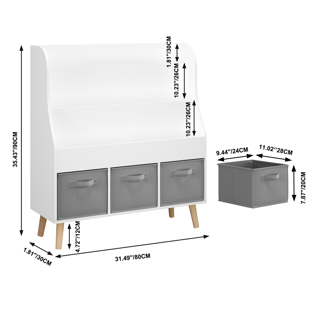 Kids Bookshelf with 3 Fabric Storage Bins, White Wooden Book Display Organizer for Toddlers and Children, Front-Facing Book R
