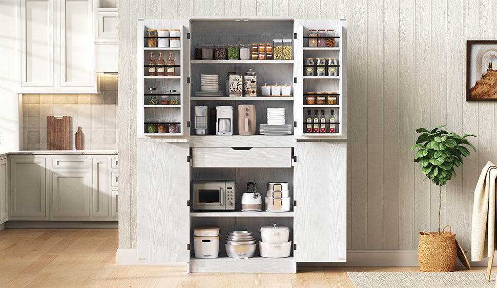 K&K 72' Tall Farmhouse Kitchen Pantry Cabinet with 8 Door Shelves, Curved Design Storage Cabinet with 3 Adjustable Shelves, Hidden Drawer, Versatile Cupboard for Kitchen, Dining & Bathroom, White - Grand Goldman Shop