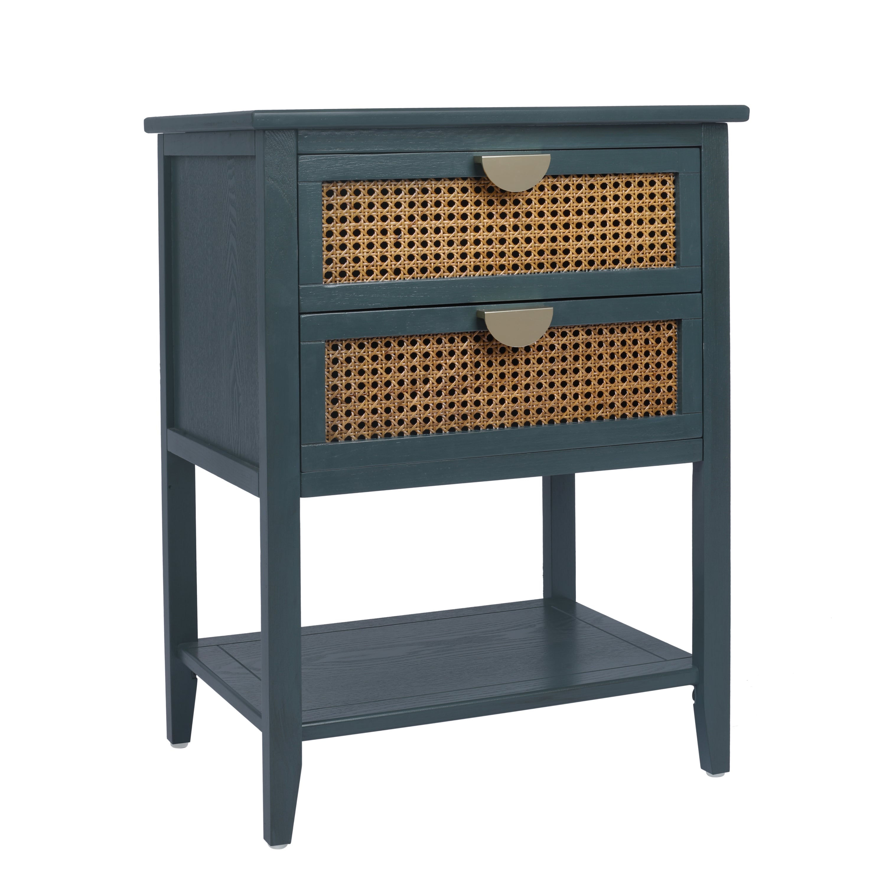 2-Drawer Side Table - Natural Rattan - End Table - Suitable for Bedroom, Living Room, or Study - Green MDF - Grand Goldman Shop
