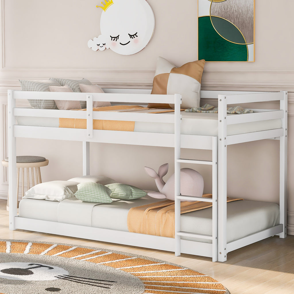 White Twin Over Twin Floor Bunk Bed with Ladder, Solid Pine Wood, 79.1''L x 42''W x 46.5''H - Grand Goldman Shop