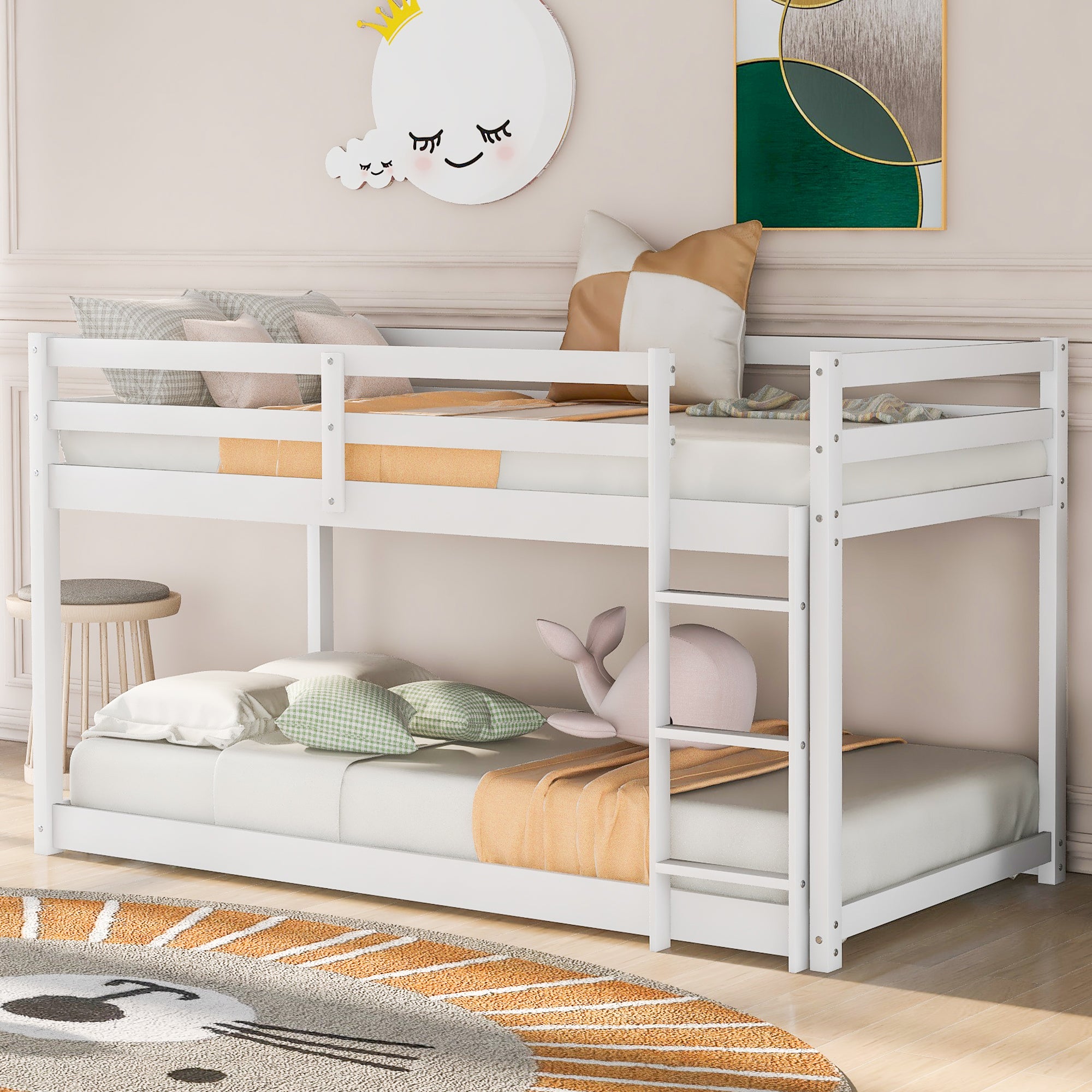 White Twin Over Twin Floor Bunk Bed with Ladder, Solid Pine Wood, 79.1''L x 42''W x 46.5''H - Grand Goldman Shop