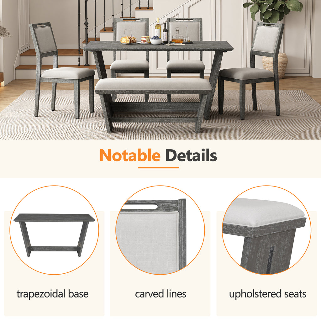 TREXM 6-Piece Retro Dining Table Set for 6, 60' Wood Kitchen Table and Chairs Set of 4 with Bench Designed Trestle Base for kitchen & Dining Room (Gray) - Grand Goldman Shop